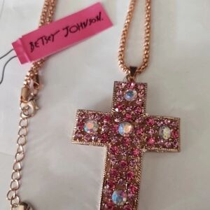 Betsey Johnson Pink and Gold Crystal Cross Necklace
